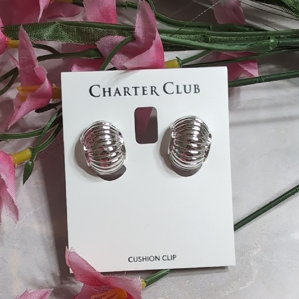 Charter Club Silver Ribbed Cushion Clip Earrings NWT